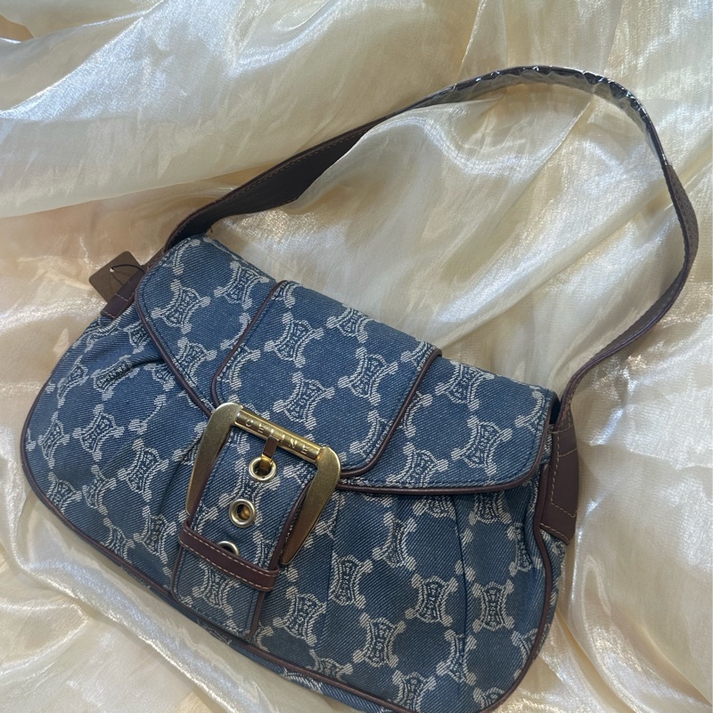 Celine 帆布 shoulder Bag金扣肩背帶藍色-3