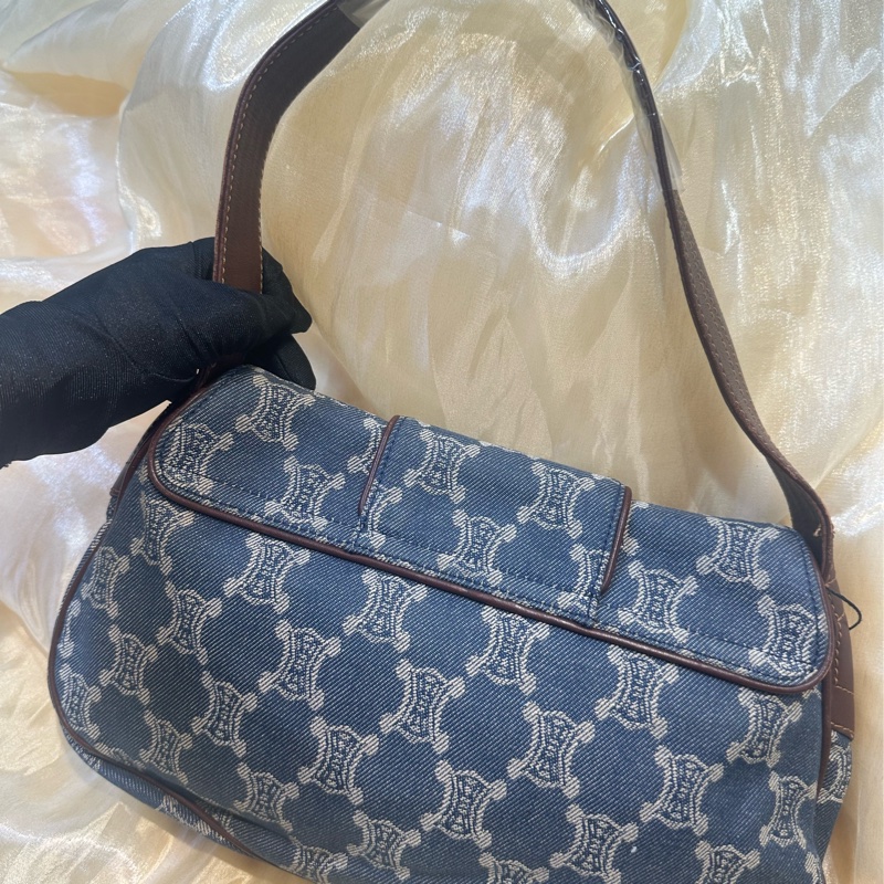 Celine 帆布 shoulder Bag金扣肩背帶藍色-5