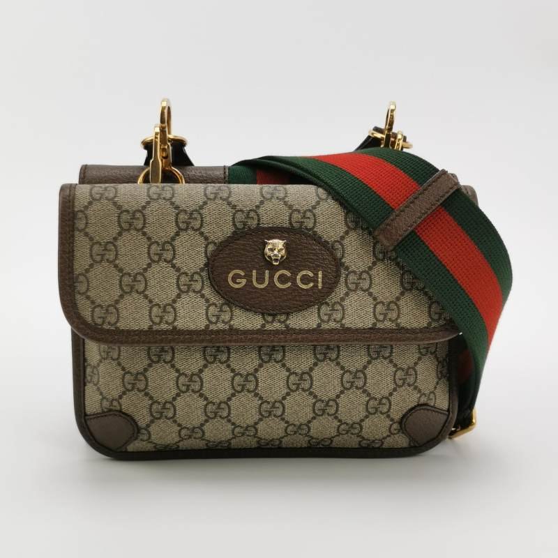 Gucci Neo Vintage 牛皮 帆布 GG 老花 虎頭 Logo 皮標 子母包 斜背包-2