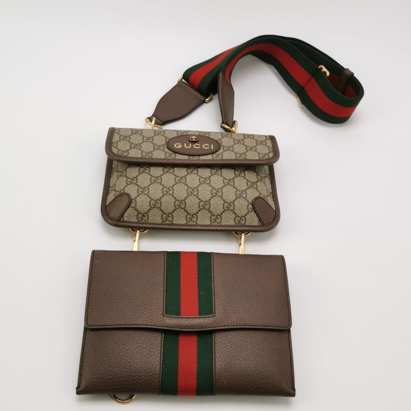 Gucci Neo Vintage 牛皮 帆布 GG 老花 虎頭 Logo 皮標 子母包 斜背包-3