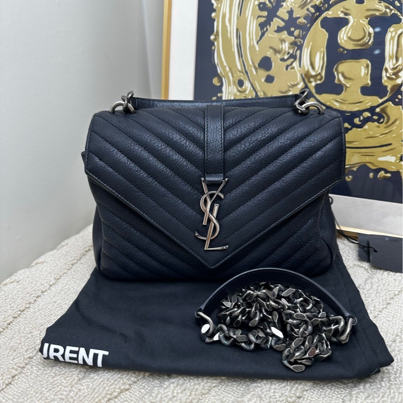 YSL 聖羅蘭 college深藍色金扣v紋單肩手提郵差包-0