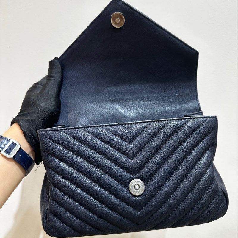 YSL 聖羅蘭 college深藍色金扣v紋單肩手提郵差包-3