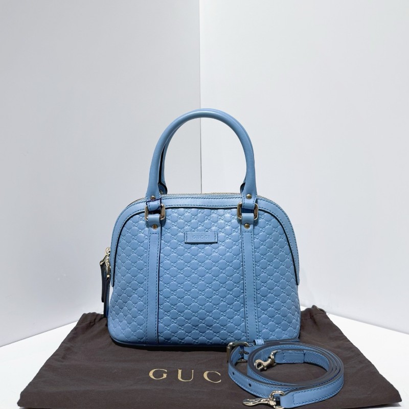 Gucci/古馳 雙G老花牛皮壓紋小號貝殼包 藍金配色手提包 肩背包-0