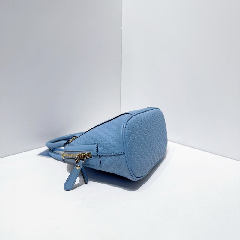 Gucci/古馳 雙G老花牛皮壓紋小號貝殼包 藍金配色手提包 肩背包-5