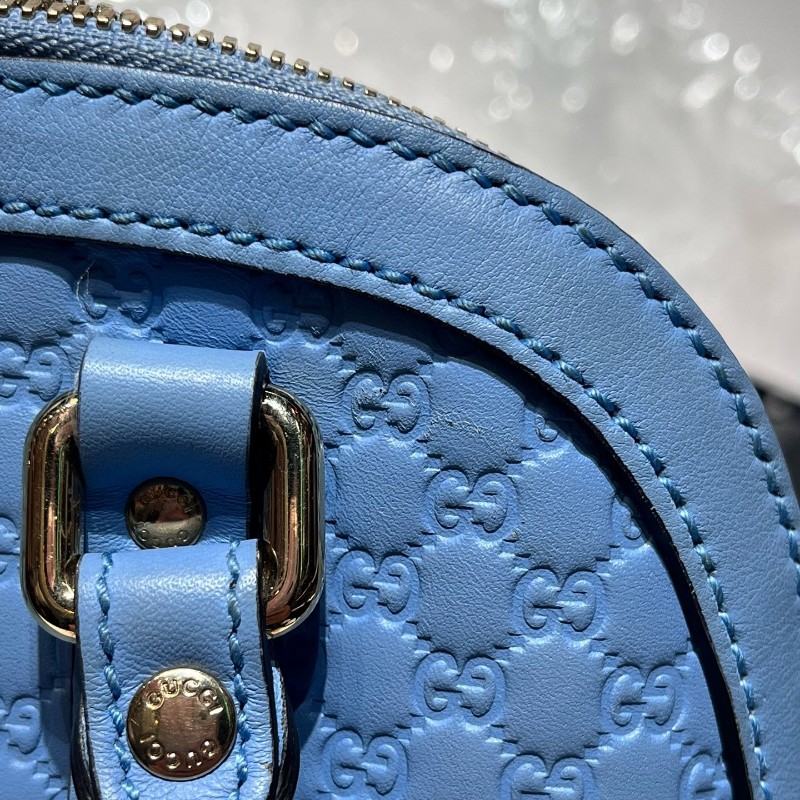 Gucci/古馳 雙G老花牛皮壓紋小號貝殼包 藍金配色手提包 肩背包-8