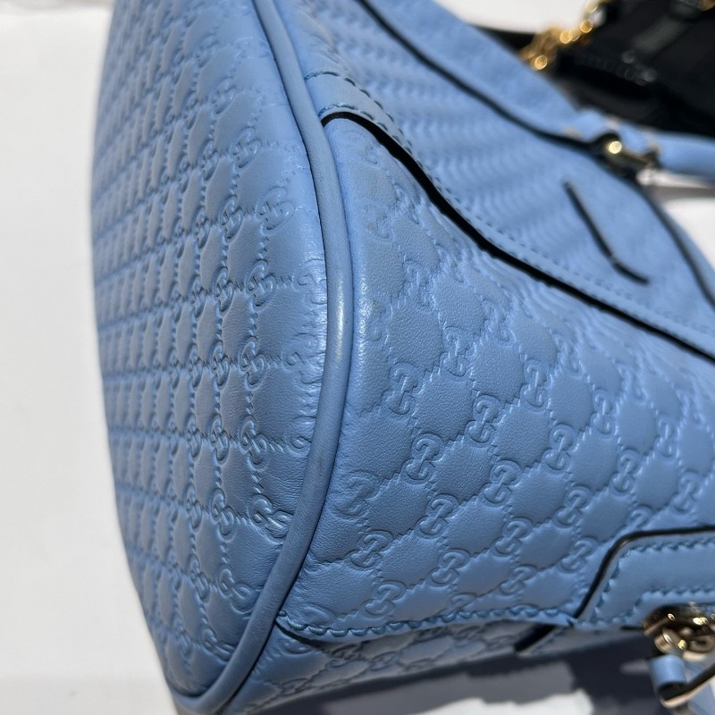 Gucci/古馳 雙G老花牛皮壓紋小號貝殼包 藍金配色手提包 肩背包-10