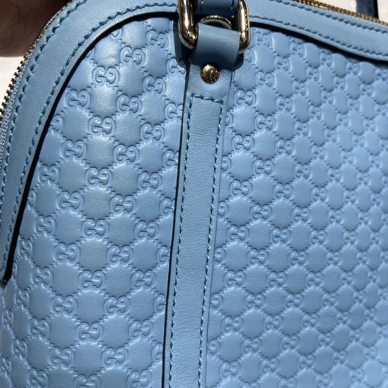 Gucci/古馳 雙G老花牛皮壓紋小號貝殼包 藍金配色手提包 肩背包-14