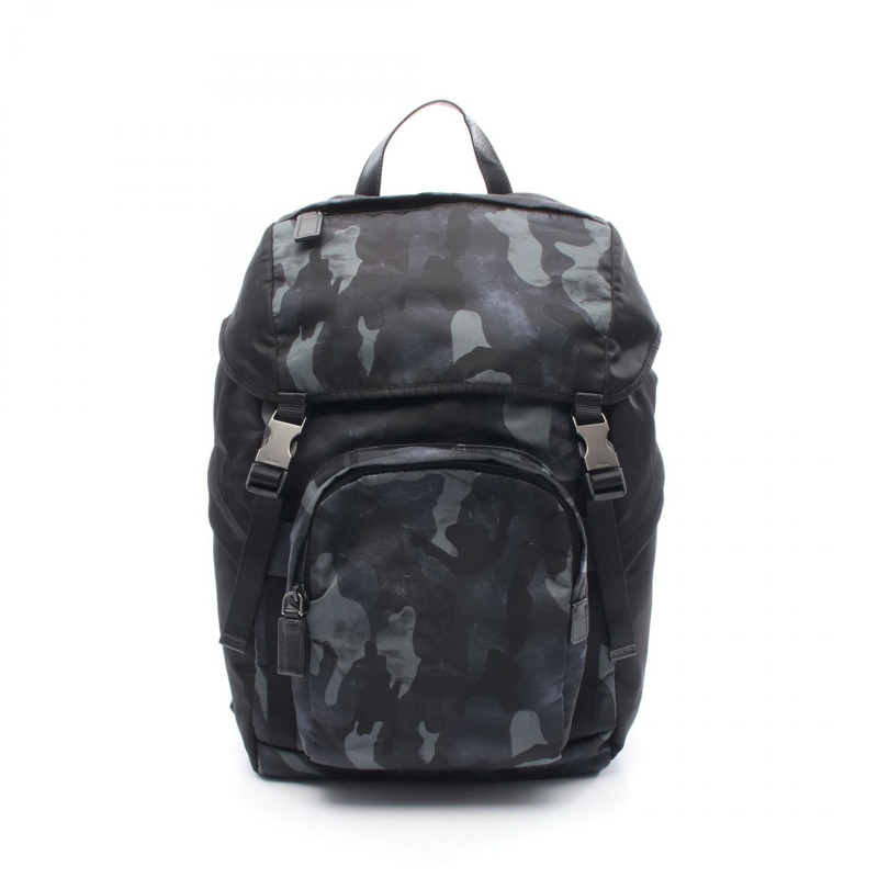 PRADA 背包 2VZ135 尼龍十字紋皮革 黑色海軍藍 二手男款-0