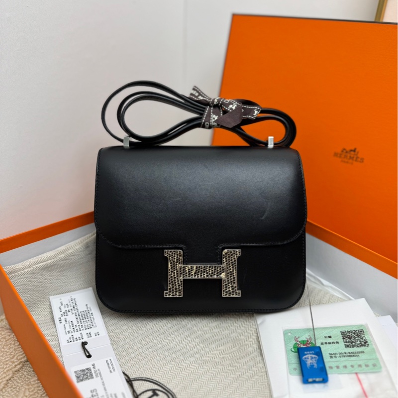 愛馬仕Hermes constance康康19 黑銀蜥蜴扣 斜挎包 單肩包-0