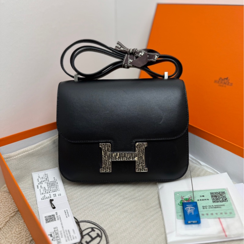 愛馬仕Hermes constance康康19 黑銀蜥蜴扣 斜挎包 單肩包-1