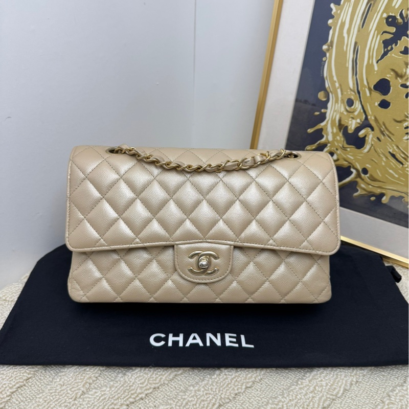 香奈兒 Chanel 經典菱格紋cf 奶茶色 米色淺金扣 斜挎包 單肩包-0