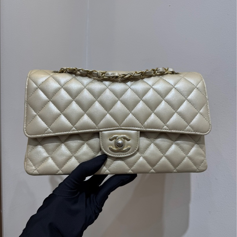 香奈兒 Chanel 經典菱格紋cf 奶茶色 米色淺金扣 斜挎包 單肩包-1