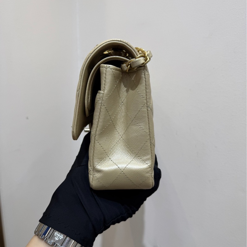 香奈兒 Chanel 經典菱格紋cf 奶茶色 米色淺金扣 斜挎包 單肩包-4