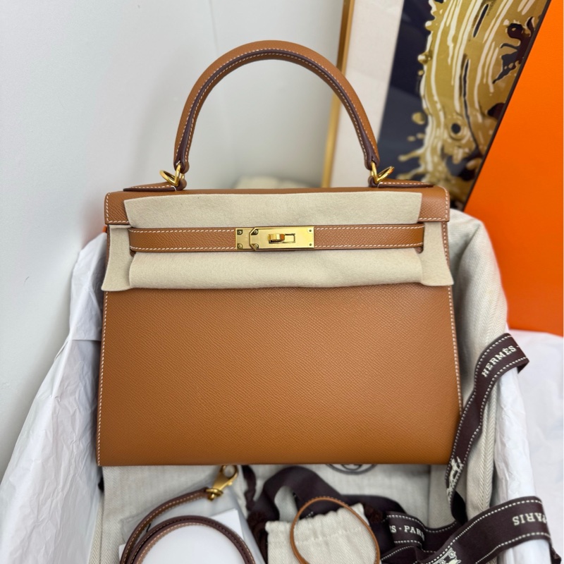 愛馬仕 Hermes kelly28 棕色金扣手袋 斜挎包-0