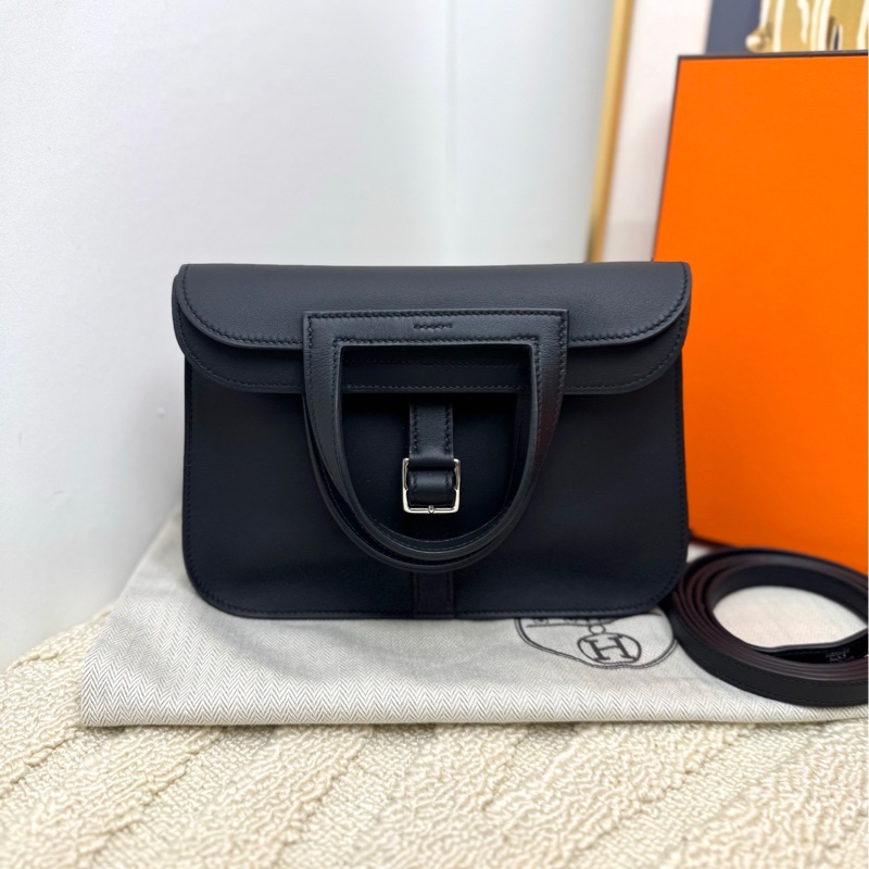 Hermes 愛馬仕 halzan mini單肩 手提包 黑色銀扣手袋 斜挎包-0