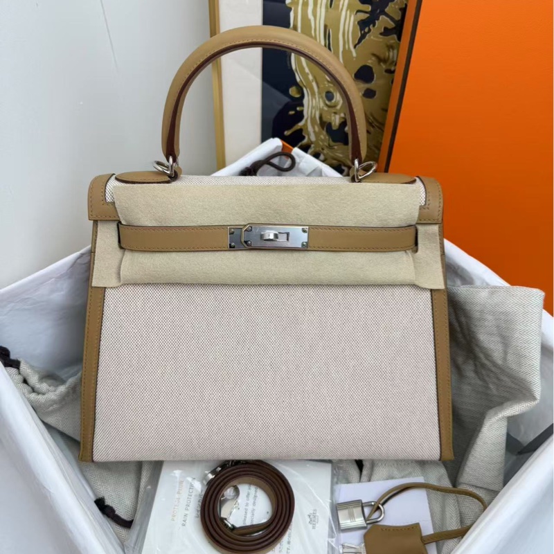 愛馬仕 Hermes Kelly28 限量帆布拼皮 奶茶色銀扣 手袋 斜挎包-0