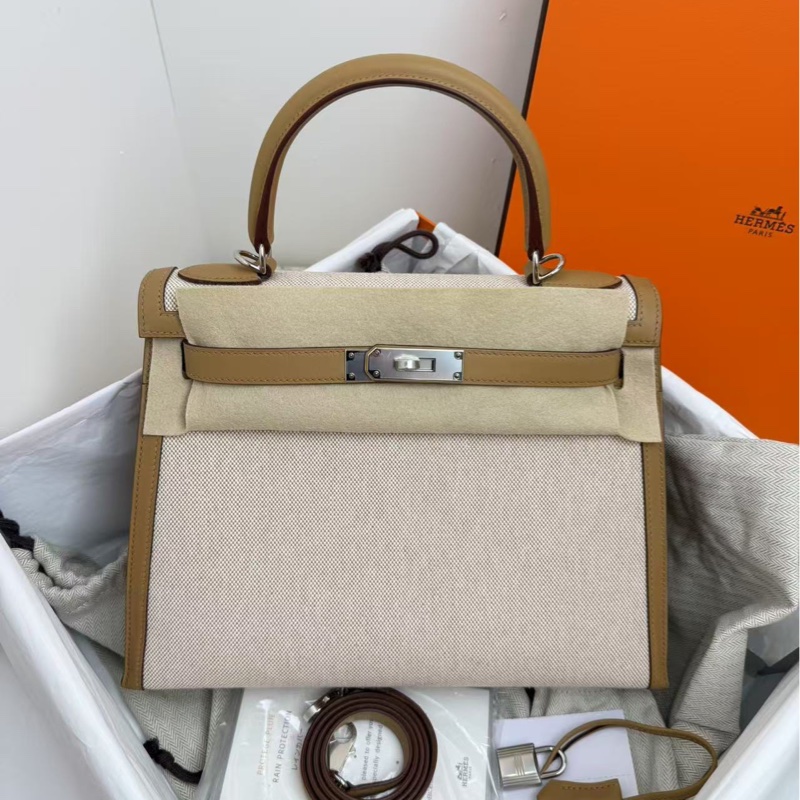 愛馬仕 Hermes Kelly28 限量帆布拼皮 奶茶色銀扣 手袋 斜挎包-1