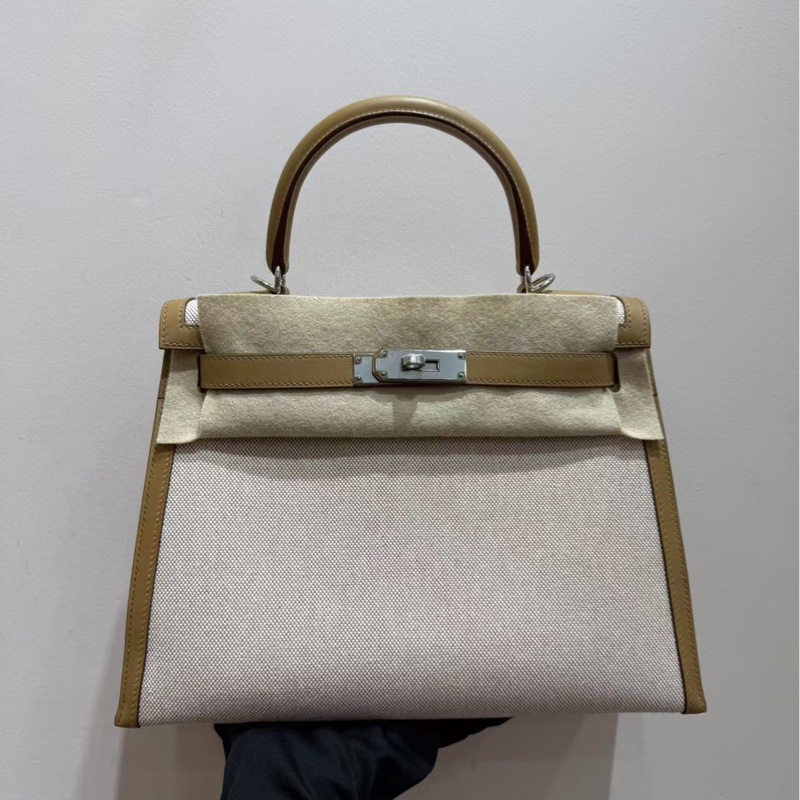 愛馬仕 Hermes Kelly28 限量帆布拼皮 奶茶色銀扣 手袋 斜挎包-2