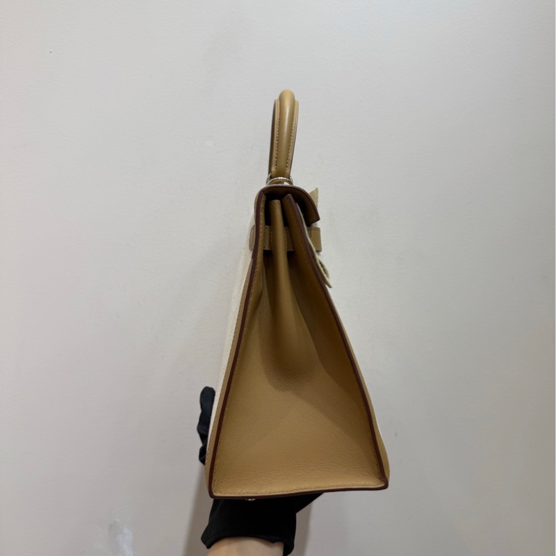 愛馬仕 Hermes Kelly28 限量帆布拼皮 奶茶色銀扣 手袋 斜挎包-5