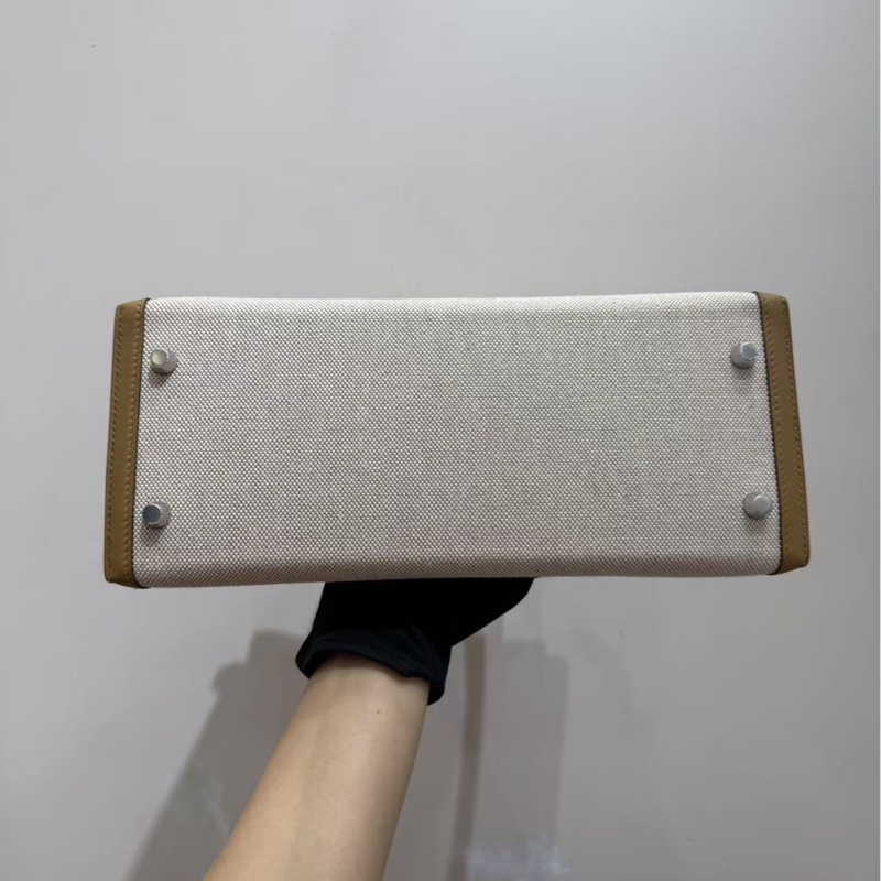 愛馬仕 Hermes Kelly28 限量帆布拼皮 奶茶色銀扣 手袋 斜挎包-6