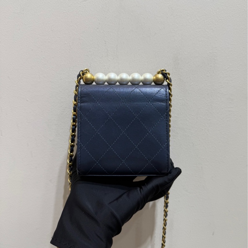 CHANEL香奈兒 經典徽標 白色珍珠菱格皮穿鏈金鍊 斜挎單肩包 女款 深藍色 金扣-2