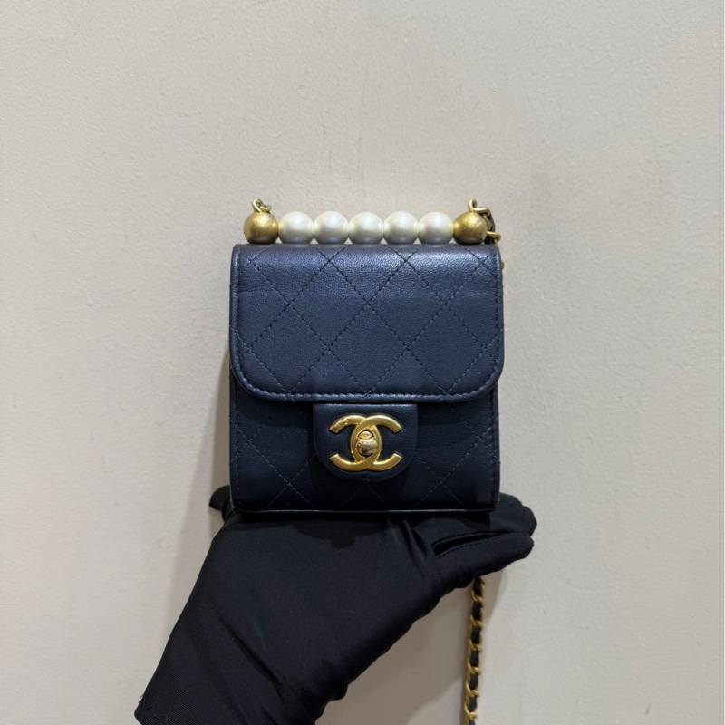 CHANEL香奈兒 經典徽標 白色珍珠菱格皮穿鏈金鍊 斜挎單肩包 女款 深藍色 金扣-3