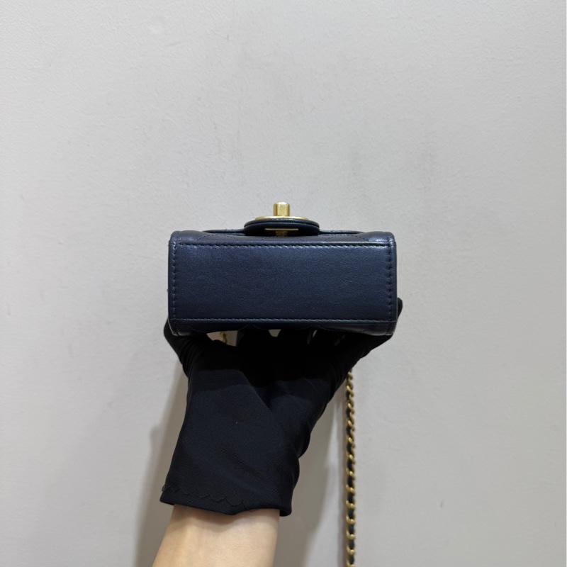 CHANEL香奈兒 經典徽標 白色珍珠菱格皮穿鏈金鍊 斜挎單肩包 女款 深藍色 金扣-6