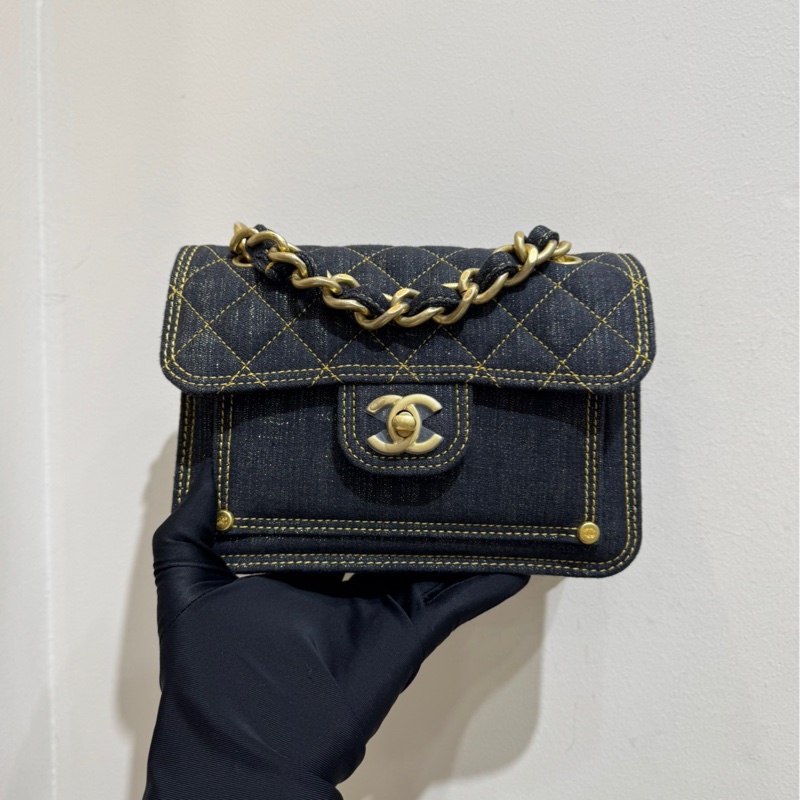 Chanel 香奈兒 23s牛仔丹寧公文郵差包豆腐包 手拎單肩斜挎-1