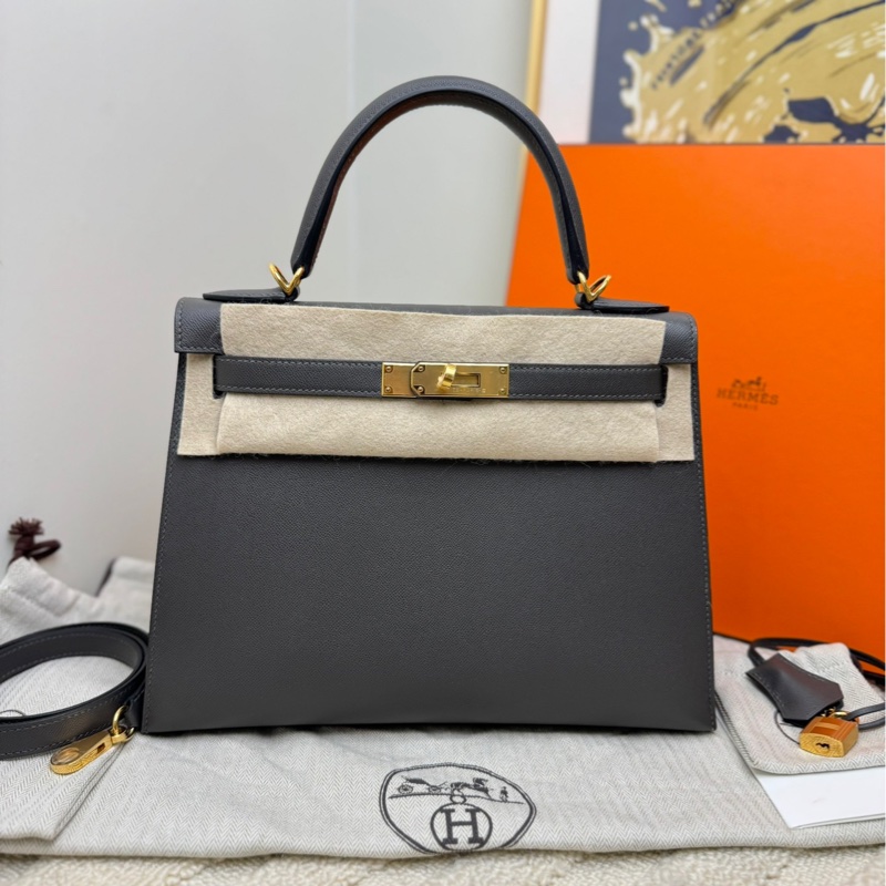 愛馬仕 Hermes kelly28 石墨灰金扣手袋 斜挎包 單肩包-0