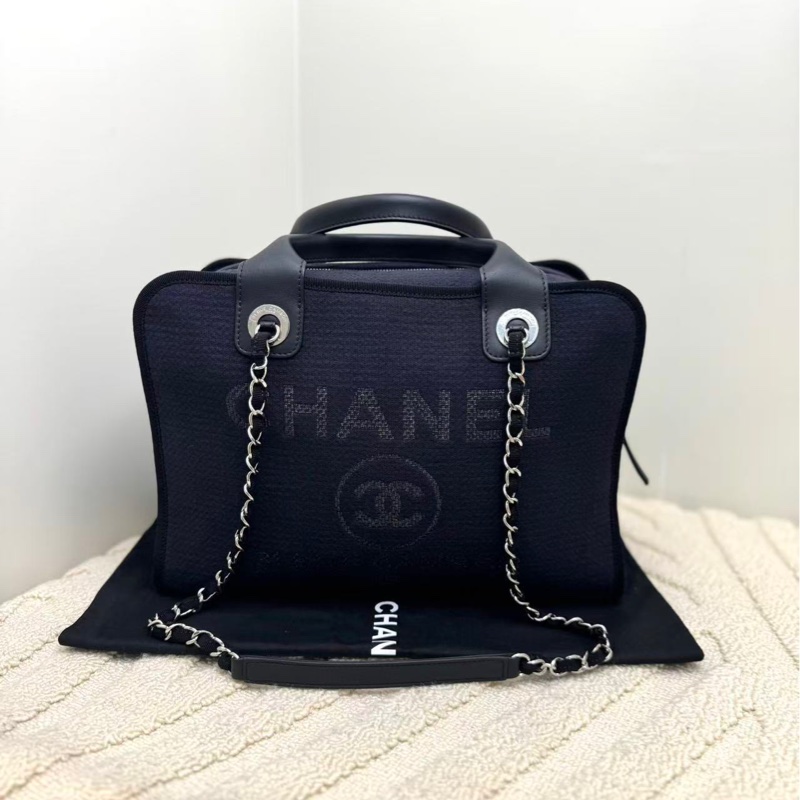 Chanel 香奈兒 保齡球包沙灘包手提單肩斜挎包 深藍色銀扣-1