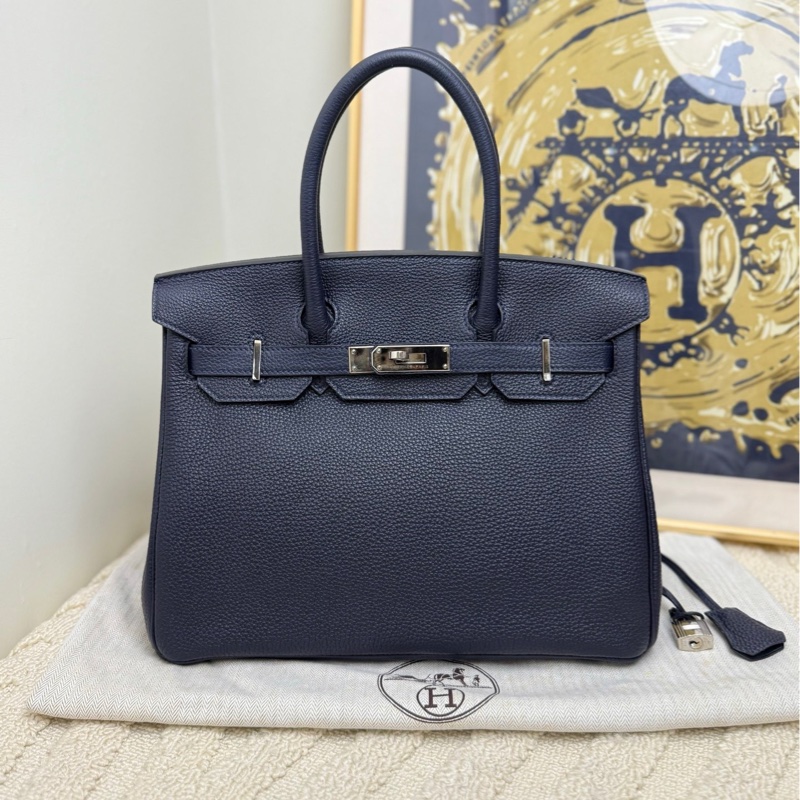 愛馬仕Hermes birkin30 午夜藍銀扣手袋斜挎包單肩袋-0
