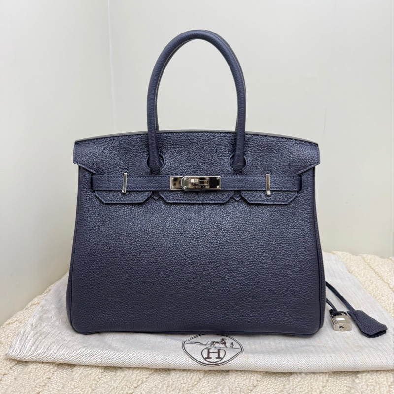 愛馬仕Hermes birkin30 午夜藍銀扣手袋斜挎包單肩袋-1