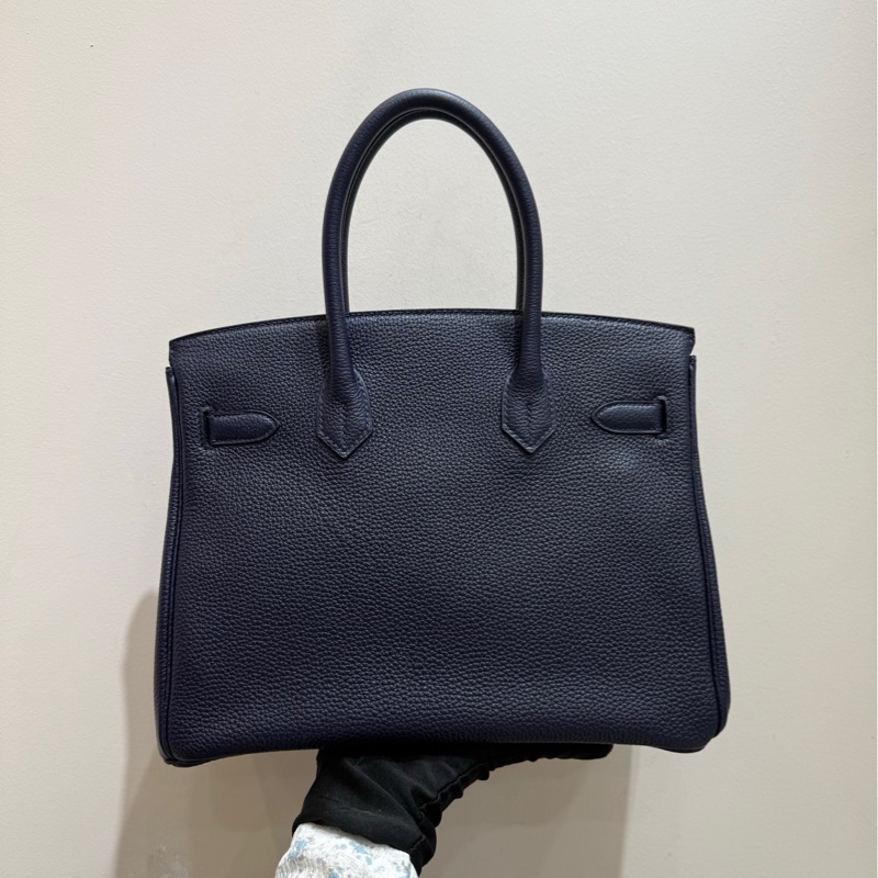 愛馬仕Hermes birkin30 午夜藍銀扣手袋斜挎包單肩袋-3