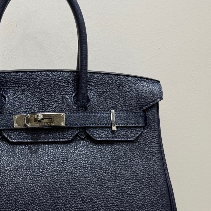 愛馬仕Hermes birkin30 午夜藍銀扣手袋斜挎包單肩袋-8
