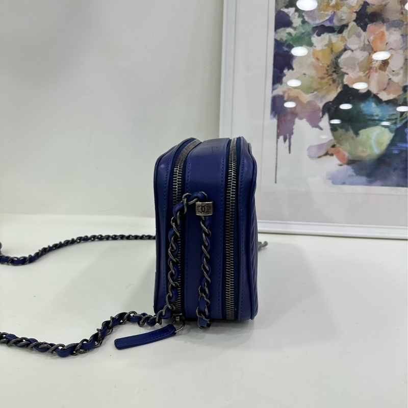 Chanel/香奈兒藍色雙層中相機包單肩包斜挎包~20開-2