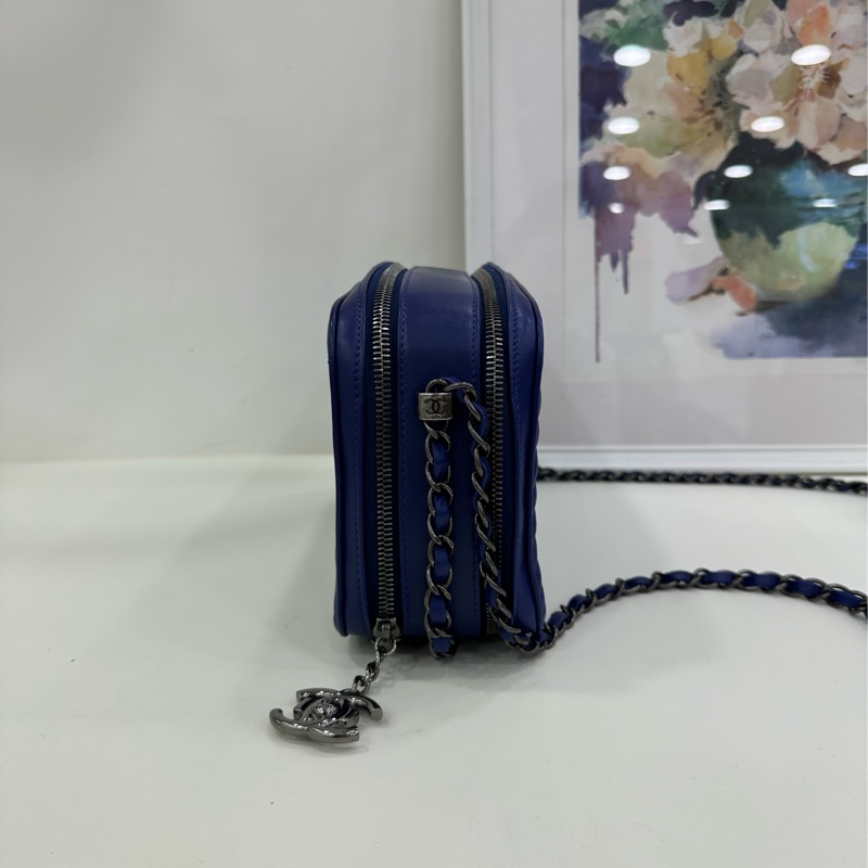 Chanel/香奈兒藍色雙層中相機包單肩包斜挎包~20開-4