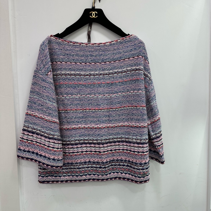 Chanel香奈兒粉紅條紋針織上衣 40碼-0