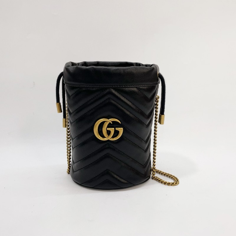 Gucci 黑牛皮霧金釦Marmont Mini Bucket Bag斜背水桶包 575163-1