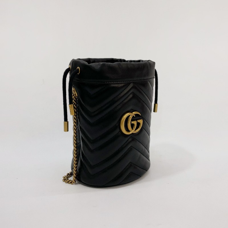 Gucci 黑牛皮霧金釦Marmont Mini Bucket Bag斜背水桶包 575163-2
