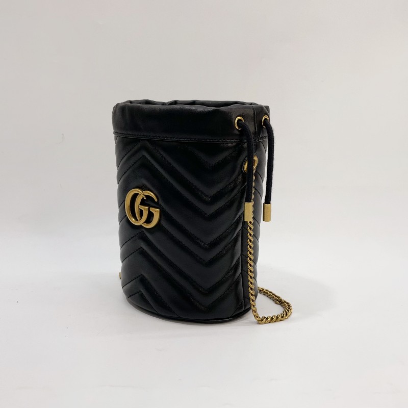 Gucci 黑牛皮霧金釦Marmont Mini Bucket Bag斜背水桶包 575163-3