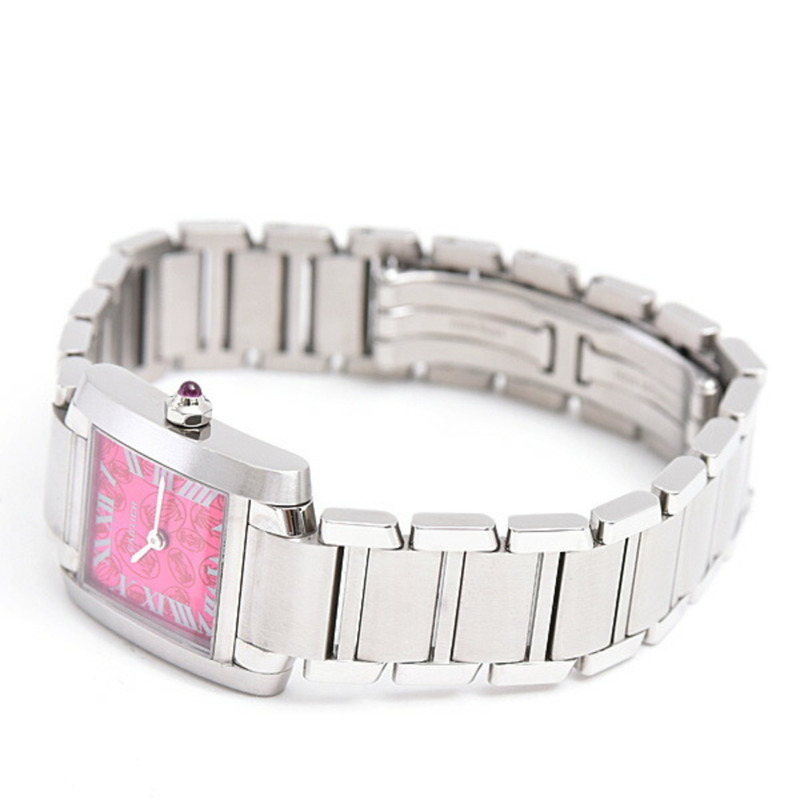 卡地亞 (Cartier) 女士 Tank Française 小型腕錶，2006 限量版，覆盆子粉紅錶盤，電池供電，不鏽鋼，W51030Q3-1