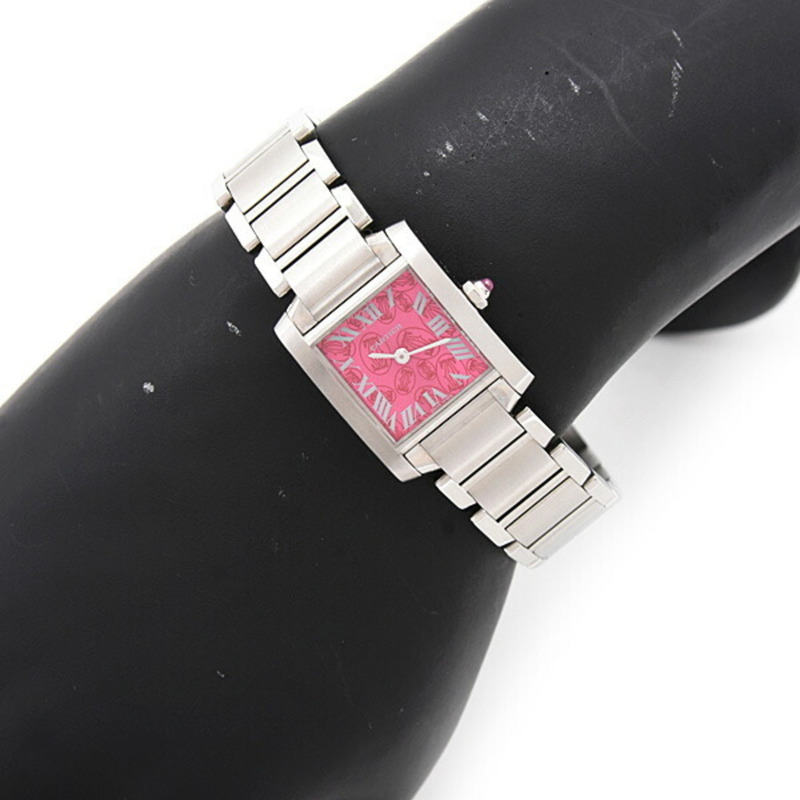 卡地亞 (Cartier) 女士 Tank Française 小型腕錶，2006 限量版，覆盆子粉紅錶盤，電池供電，不鏽鋼，W51030Q3-6