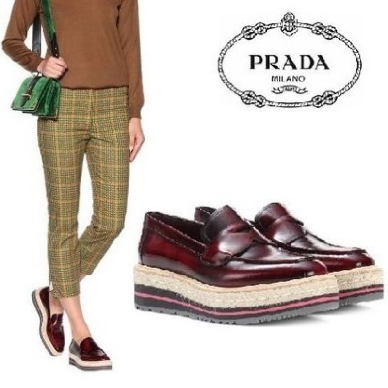 莉亞精品♡Prada 草編厚底樂福鞋 酒紅 近新閒置 尺碼38.5-1