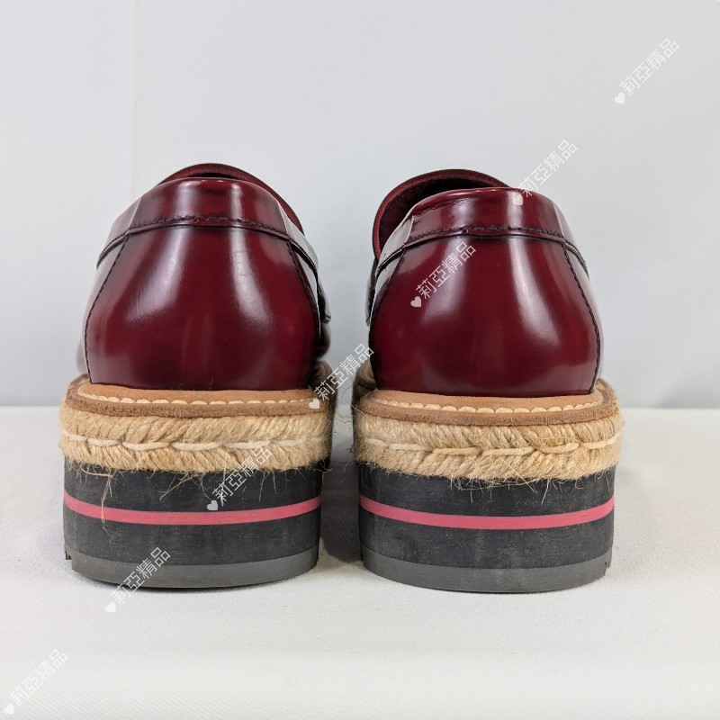 莉亞精品♡Prada 草編厚底樂福鞋 酒紅 近新閒置 尺碼38.5-3