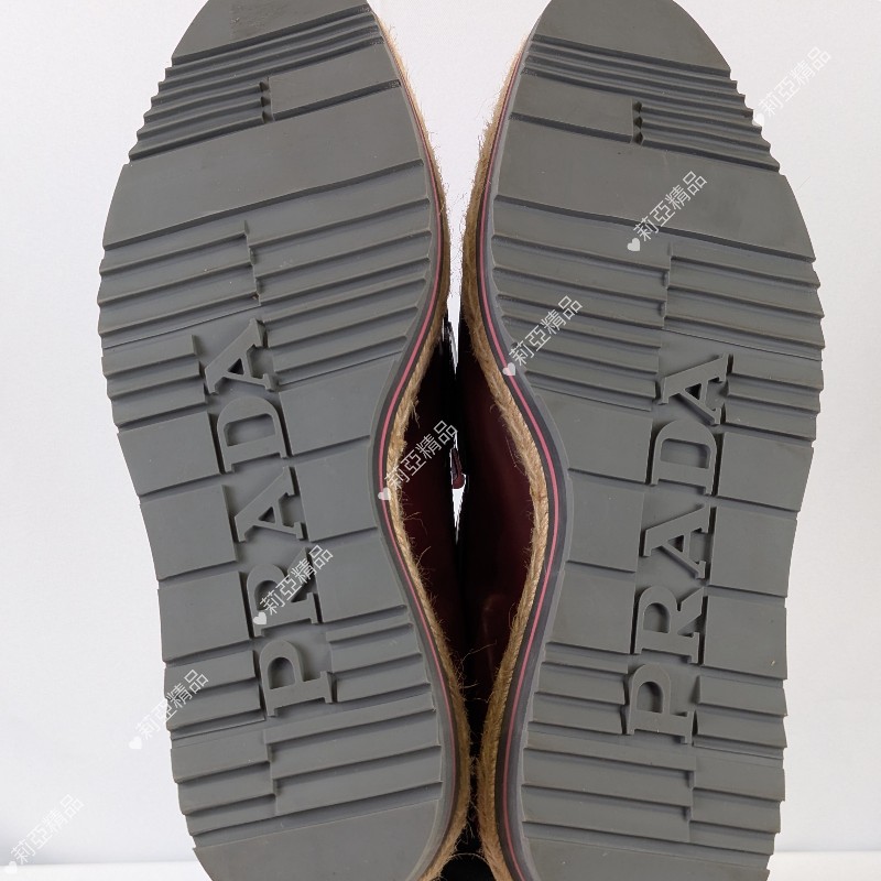 莉亞精品♡Prada 草編厚底樂福鞋 酒紅 近新閒置 尺碼38.5-5