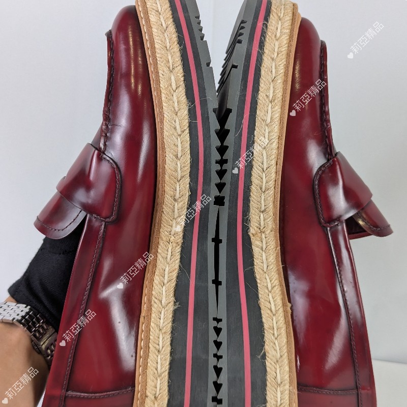莉亞精品♡Prada 草編厚底樂福鞋 酒紅 近新閒置 尺碼38.5-6
