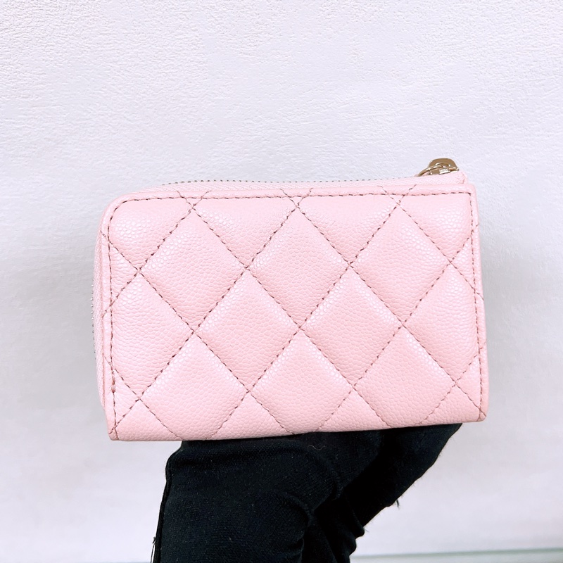 Chanel 淺粉紅牛皮金扣 拉鏈短夾/銀包-1