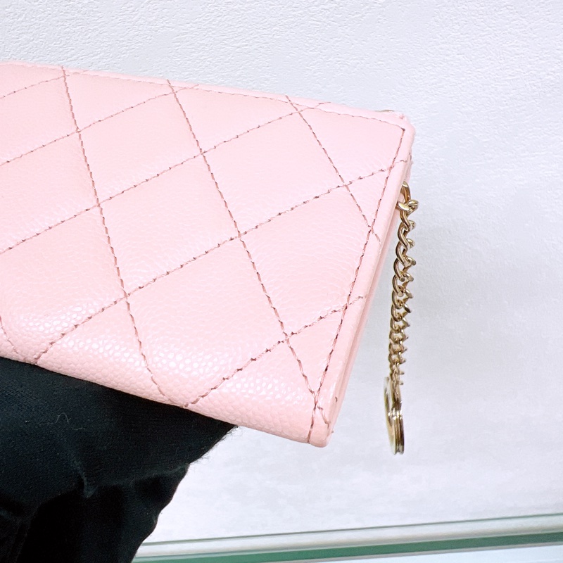 Chanel 淺粉紅牛皮金扣 拉鏈短夾/銀包-2