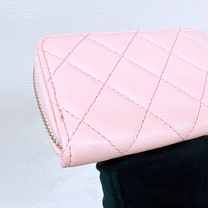 Chanel 淺粉紅牛皮金扣 拉鏈短夾/銀包-3