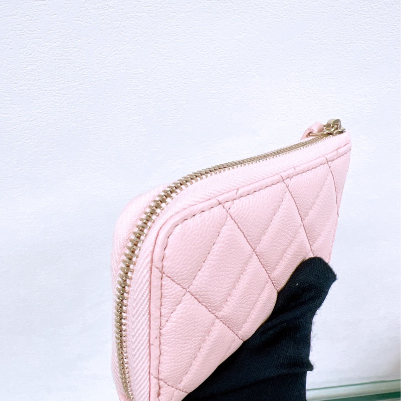 Chanel 淺粉紅牛皮金扣 拉鏈短夾/銀包-4